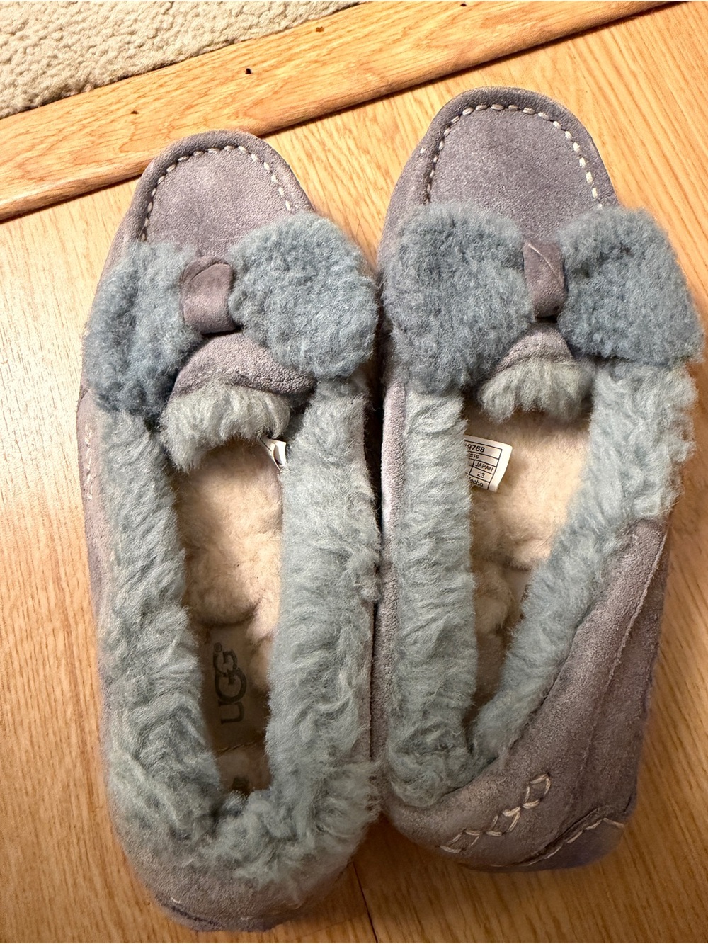 UGG Women’s Blue Suede Shearling Bow Slippers Flats